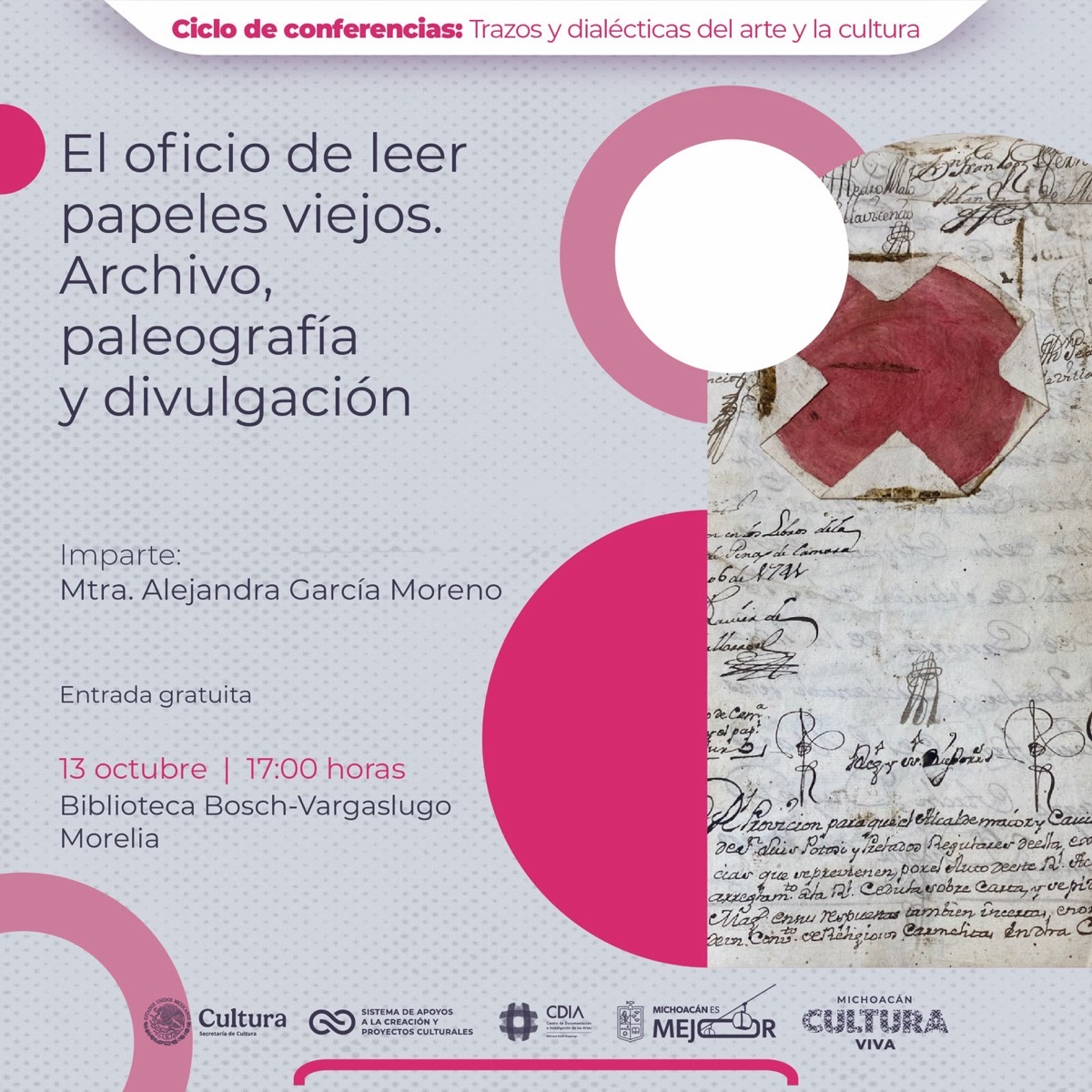 Cartel informativo de una conferencia sobre lectura de documentos antiguos con detalles de fecha, lugar y expositora.