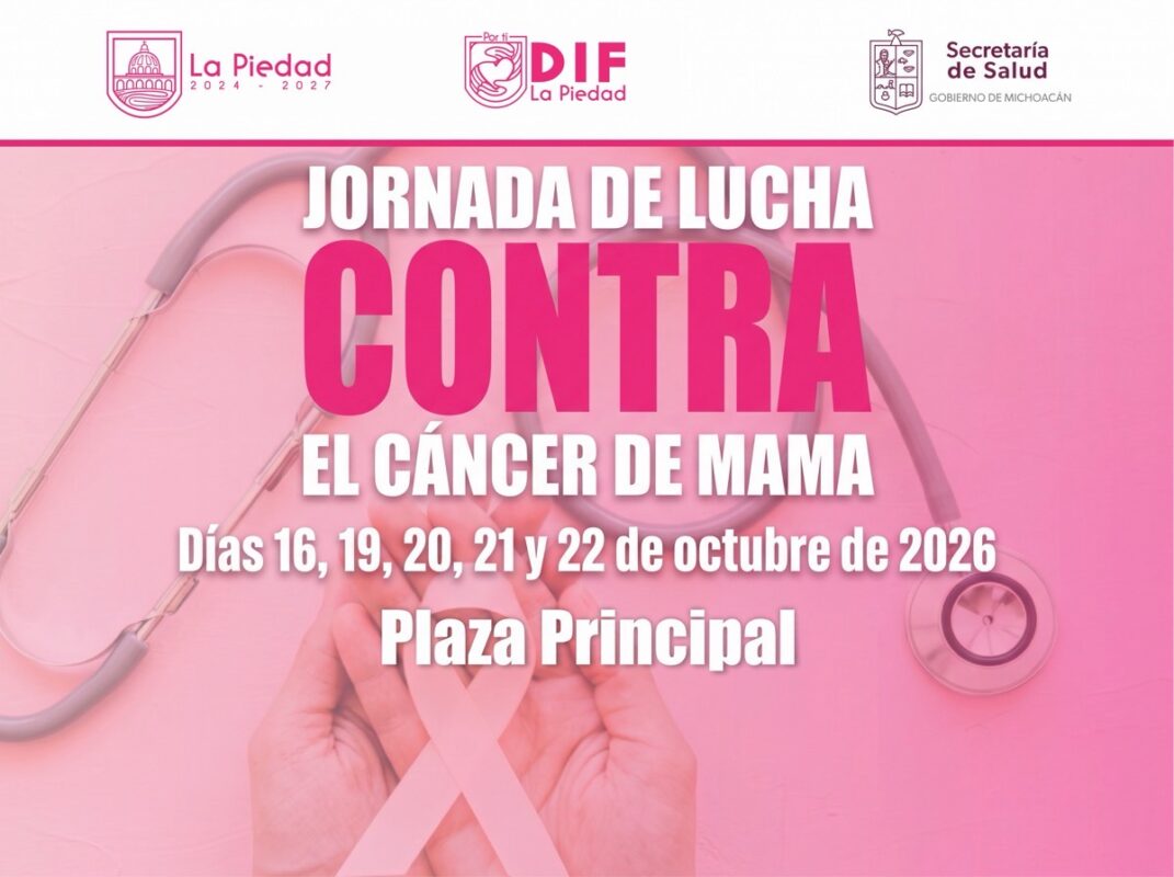 Cartel rosa que anuncia una jornada contra el cáncer de mama con fechas y lugar, acompañado de un estetoscopio y un lazo rosa.