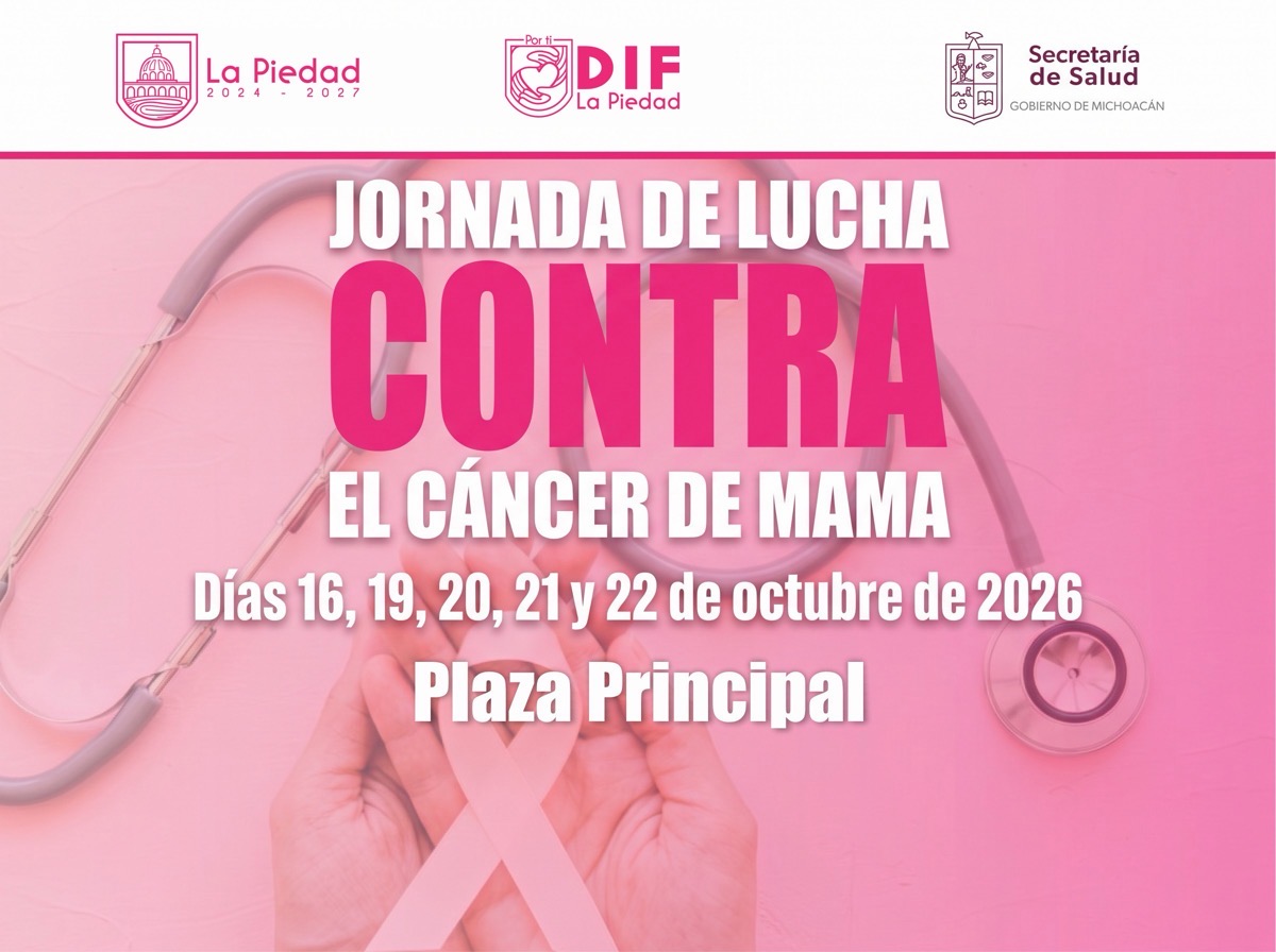 Cartel rosa que anuncia una jornada contra el cáncer de mama con fechas y lugar, acompañado de un estetoscopio y un lazo rosa.