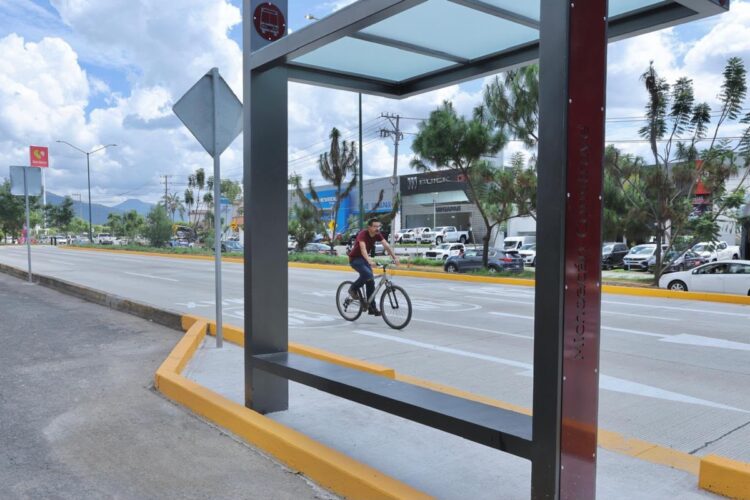 Un ciclista pasa por un carril bici junto a una parada de autobús vacía en una avenida urbana.