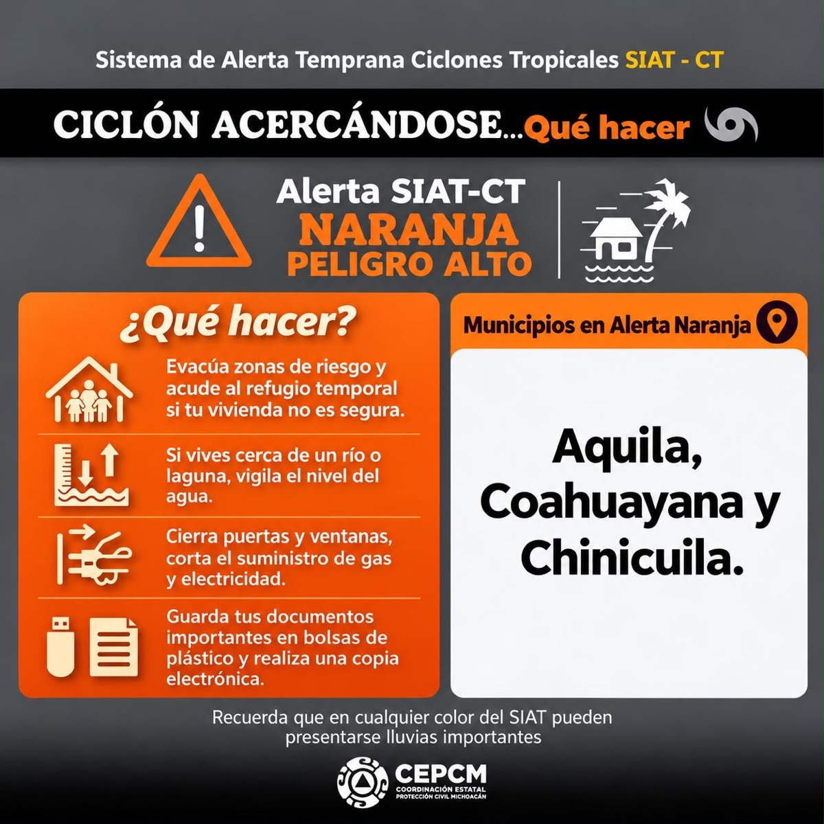 Alerta naranja por ciclón tropical en Michoacán para Aquila, Coahuayana y Chinicuila