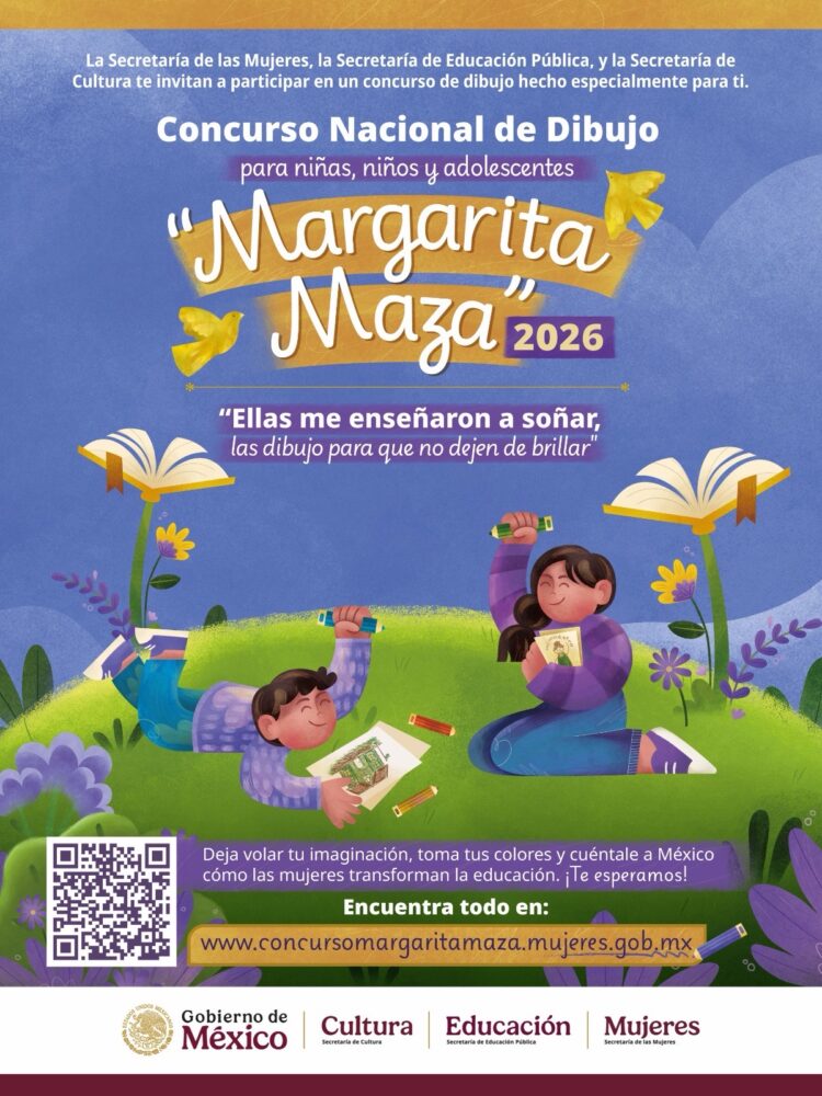 Cartel del Concurso Nacional de Dibujo “Margarita Maza” 2026 con ilustraciones de dos niños dibujando y leyendo en un campo con flores y libros abiertos.