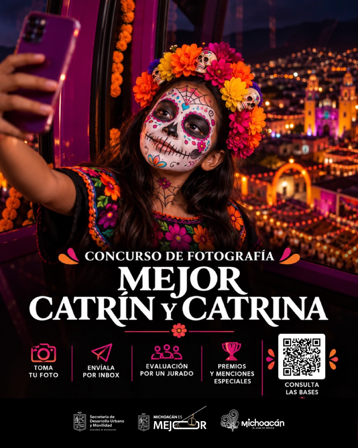 Niña vestida de catrina tomando selfie en el teleférico de Uruapan durante el concurso de fotografía.