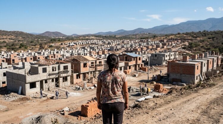 Una persona observa una gran cantidad de casas en construcción en un área rural rodeada de montañas.