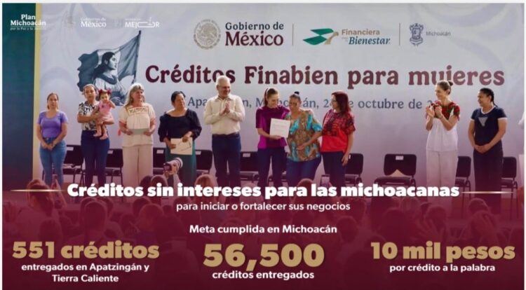 Mujeres y autoridades en un evento de créditos Finabien para mujeres en Michoacán, con cartel informativo al fondo.