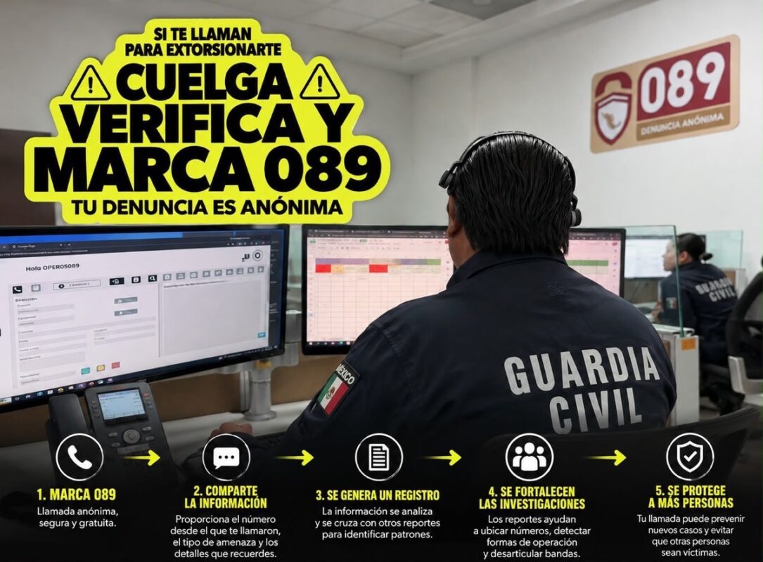 Operador de la Guardia Civil atiende denuncias anónimas de extorsión telefónica al 089 en Michoacán.