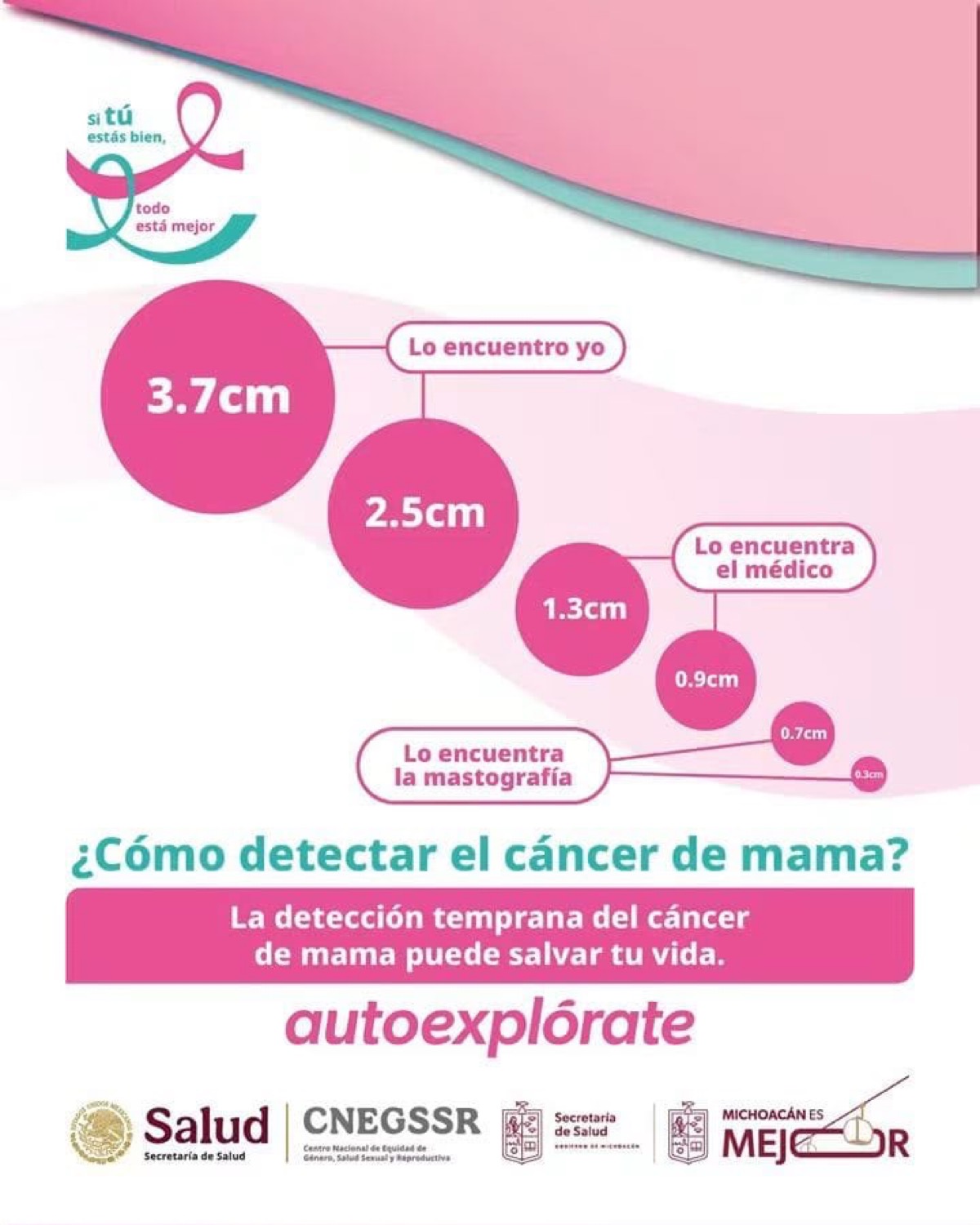 Infografía en tonos rosas y turquesa que muestra tamaños de nódulos detectables en diferentes etapas de revisión para la detección de cáncer de mama.
