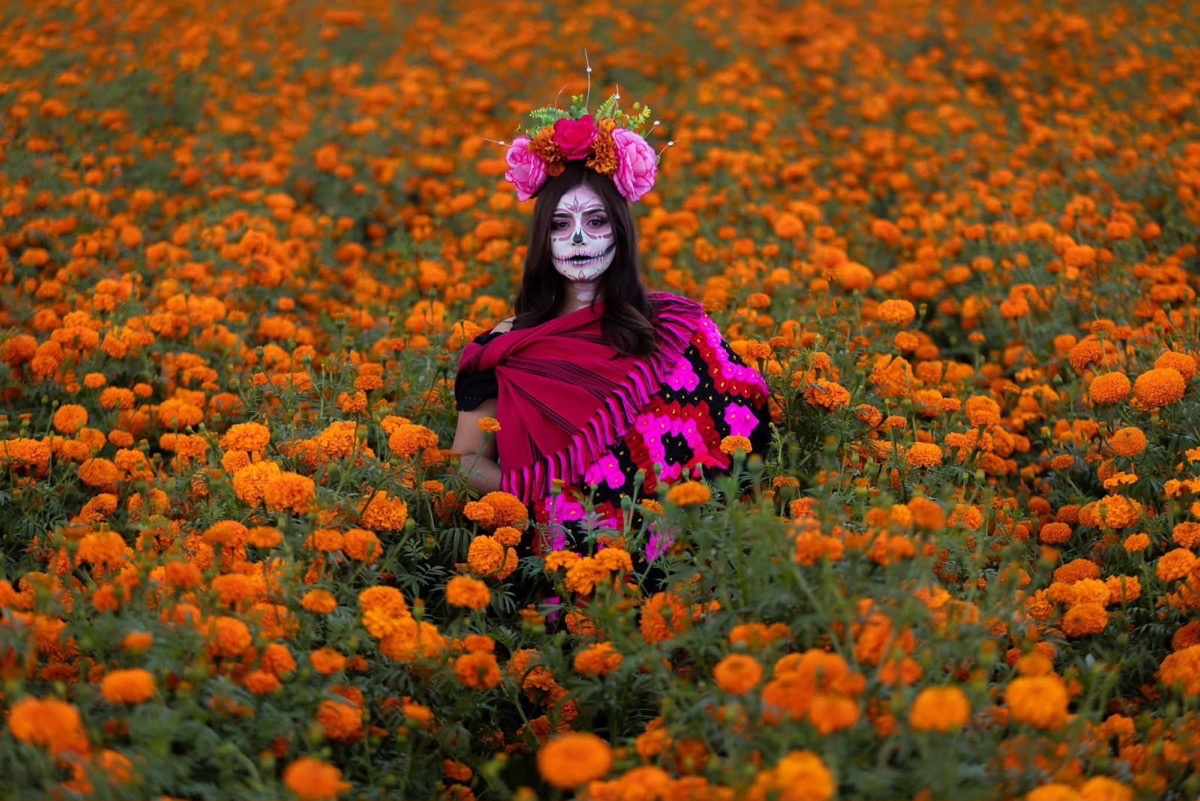 Mujer con maquillaje de Catrina en un campo de cempasúchiles durante Noche de Muertos en Michoacán.