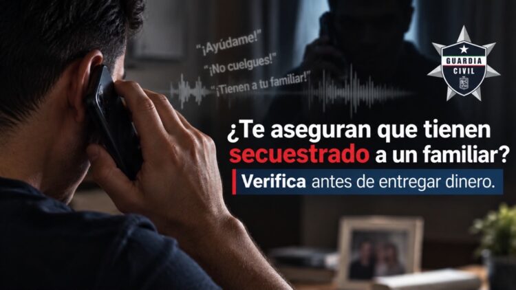 Un hombre habla por teléfono mientras en la imagen aparece un mensaje de advertencia sobre secuestros falsos de la Guardia Civil.