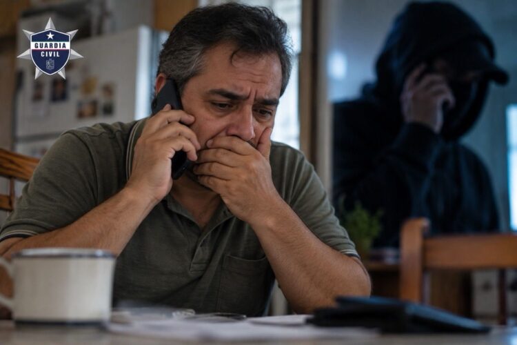 Un hombre preocupado habla por teléfono mientras otra persona encapuchada aparece al fondo también hablando por teléfono.
