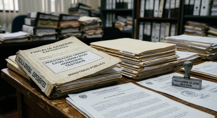 Un escritorio lleno de carpetas y documentos oficiales en una oficina con estanterías al fondo.