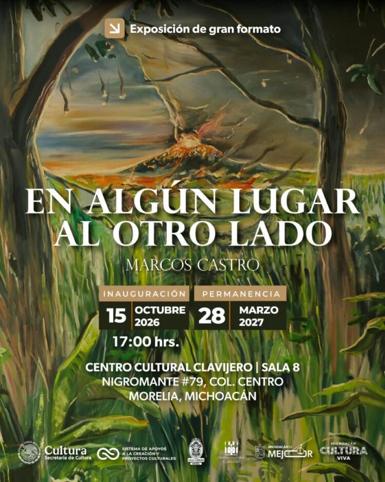 Cartel de una exposición de arte con una pintura de paisaje natural y detalles sobre fechas, lugar y artista.