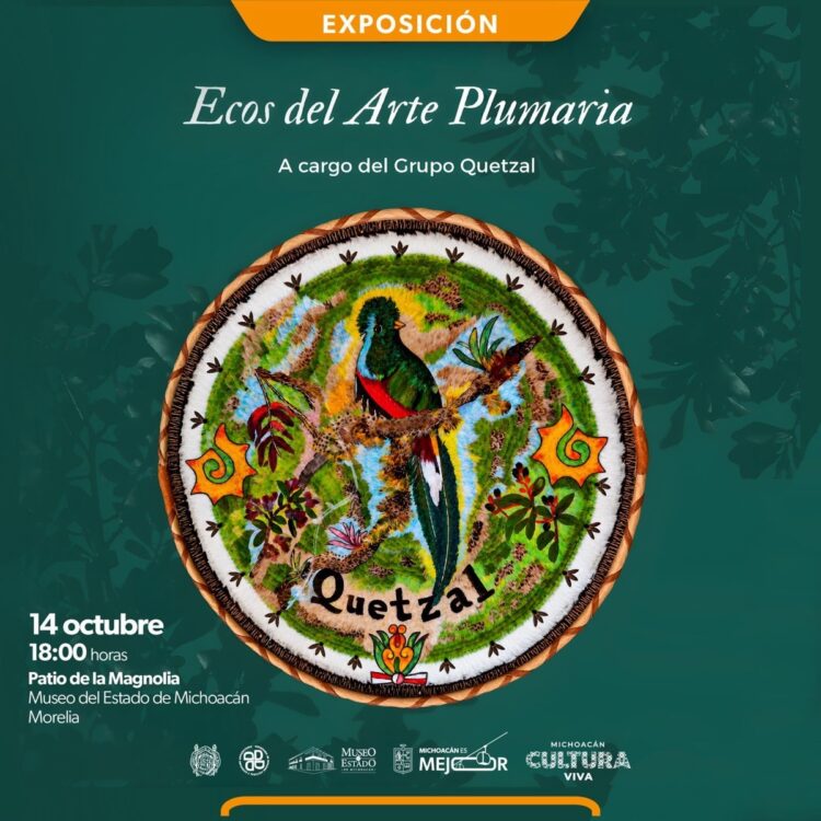 Cartel de una exposición que muestra un diseño circular de un quetzal rodeado de colores y plantas, con información del evento al pie.