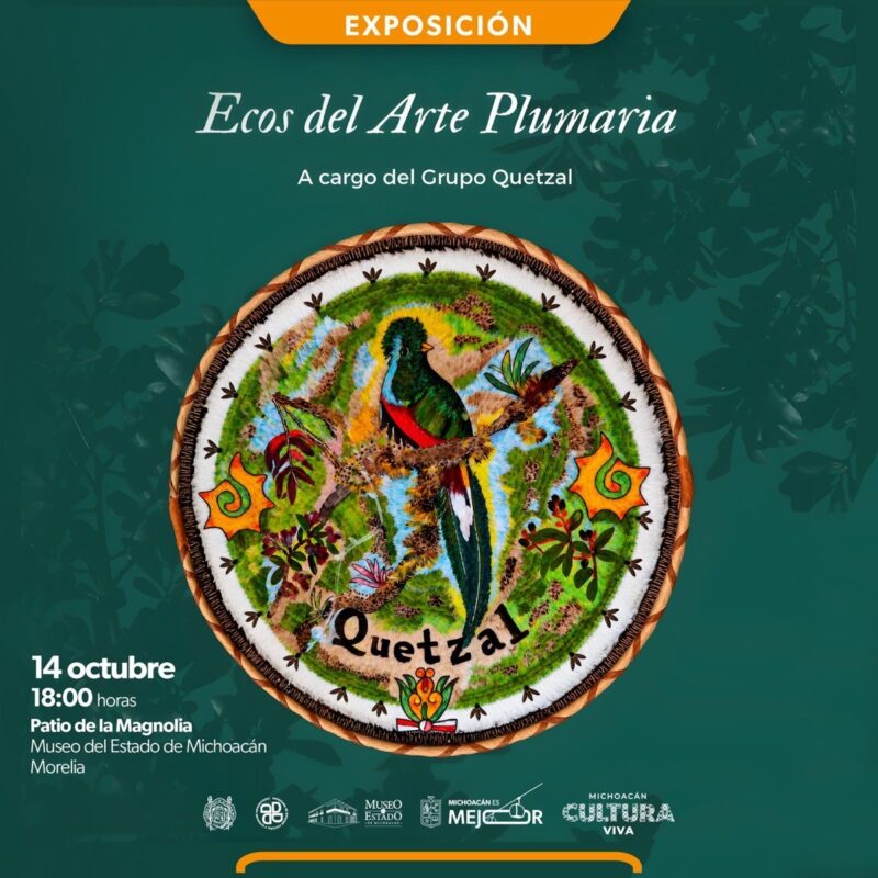 Cartel de una exposición que muestra un diseño circular de un quetzal rodeado de colores y plantas, con información del evento al pie.