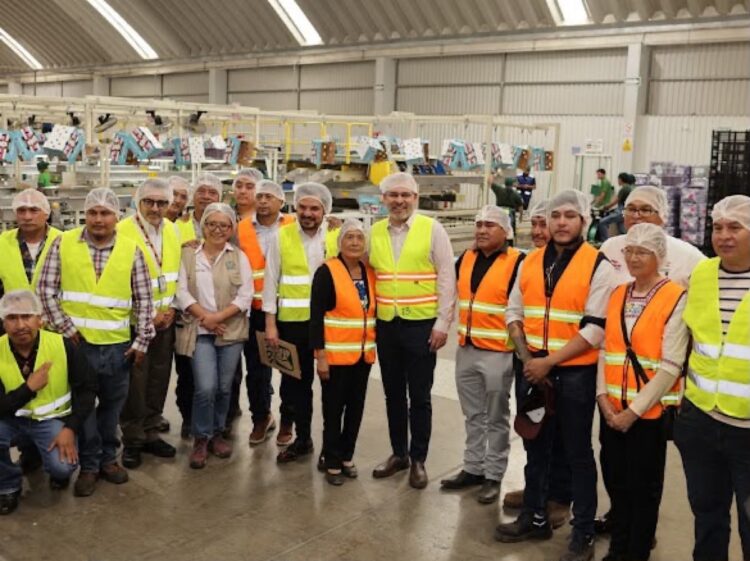 Un grupo de personas con chalecos reflectantes y cofias posan dentro de una fábrica.