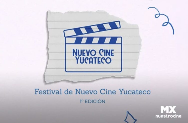 Logotipo azul de un festival de cine con una claqueta y el texto “Festival de Nuevo Cine Yucateco, 1ª edición”.