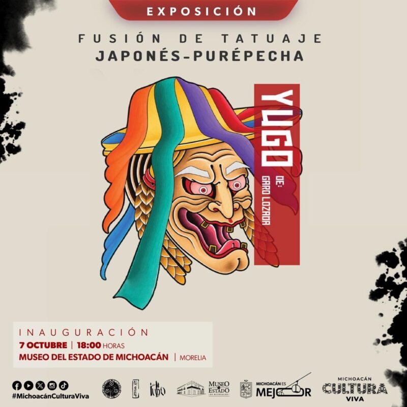 Cartel de una exposición de tatuajes con una ilustración colorida de una máscara fusionando estilos japonés y purépecha.