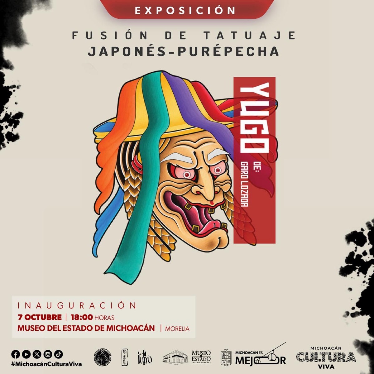 Cartel de una exposición de tatuajes con una ilustración colorida de una máscara fusionando estilos japonés y purépecha.