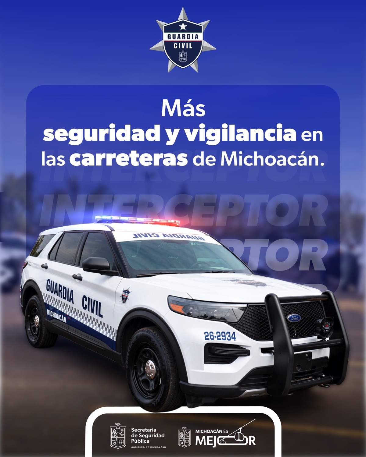 Vehículo de la Guardia Civil con siluetas y texto en azul y blanco, patrullando sobre carretera; emblema de la institución en.