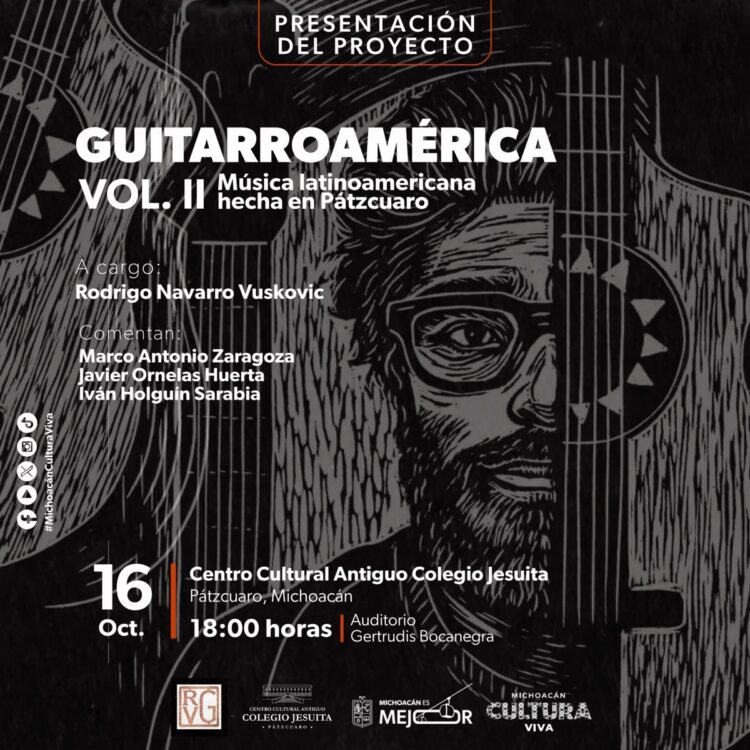 Cartel en blanco y negro de un evento musical con la ilustración de un hombre y una guitarra, junto con información sobre la presentación del proyecto.