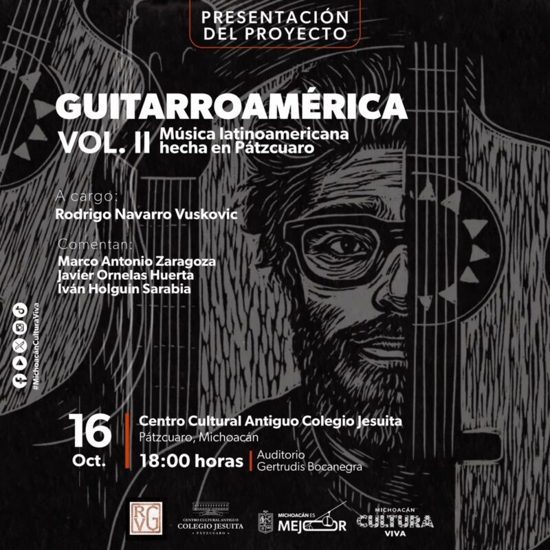 Cartel en blanco y negro de un evento musical con la ilustración de un hombre y una guitarra, junto con información sobre la presentación del proyecto.