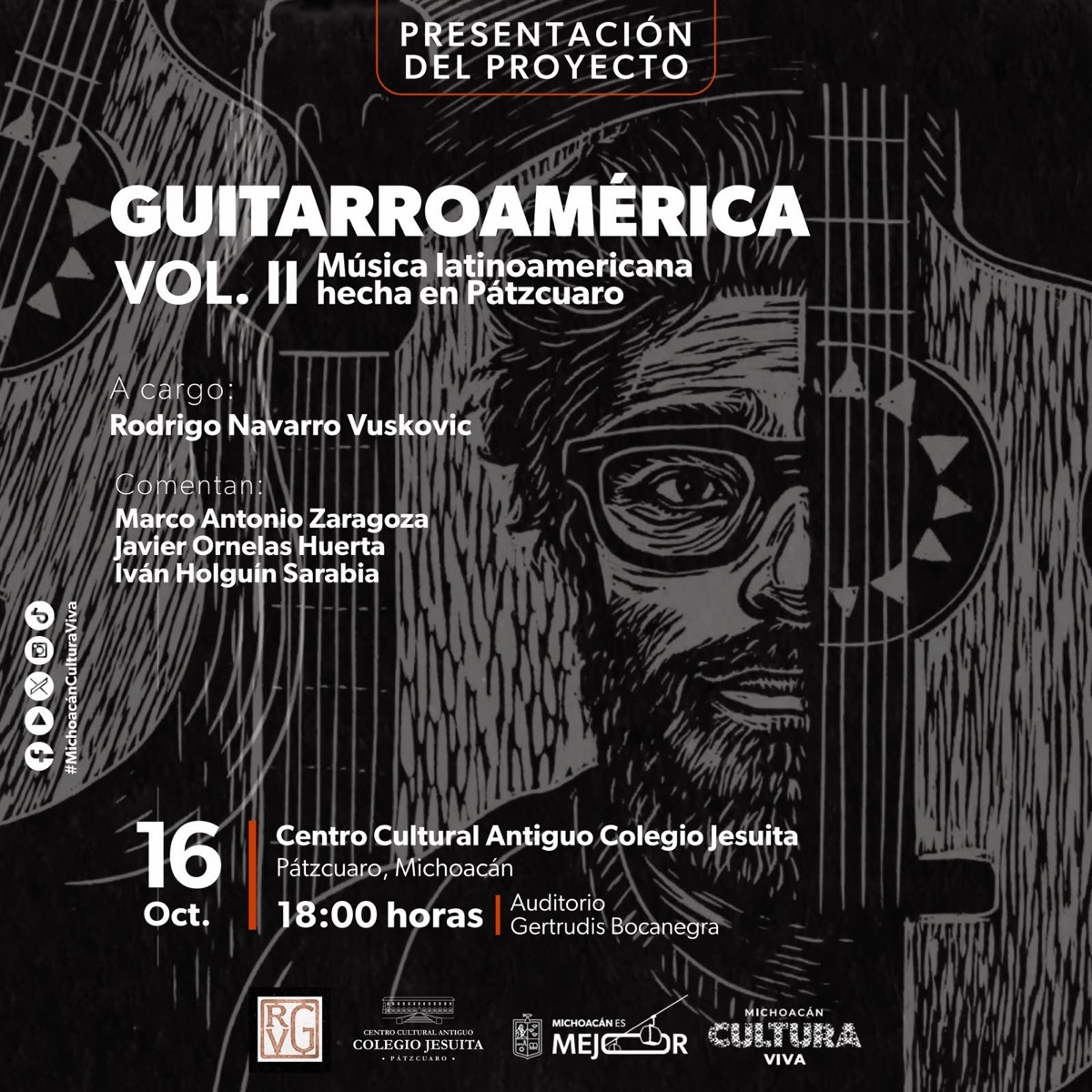 Cartel en blanco y negro de un evento musical con la ilustración de un hombre y una guitarra, junto con información sobre la presentación del proyecto.