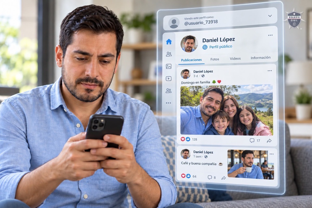 Un hombre sentado en un sofá mira su teléfono mientras se muestra una interfaz flotante de red social con sus publicaciones familiares.