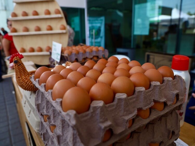 Cartones de huevos marrones apilados sobre una mesa en un mercado.