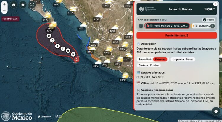 Mapa meteorológico que muestra la trayectoria de un huracán en el Pacífico y un aviso de lluvias extremas para estados del sur de México.