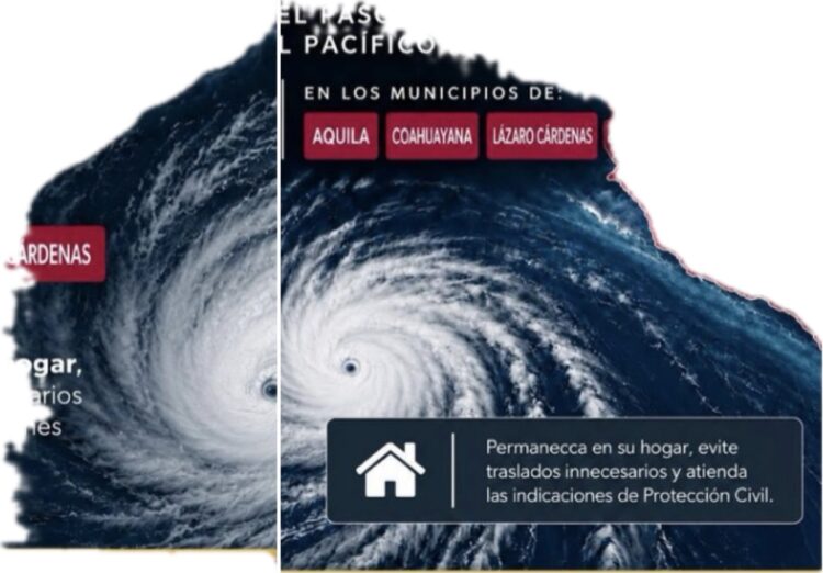 Imagen dividida que muestra un huracán en el océano con advertencias para los municipios de Aquila, Coahuayana y Lázaro Cárdenas.