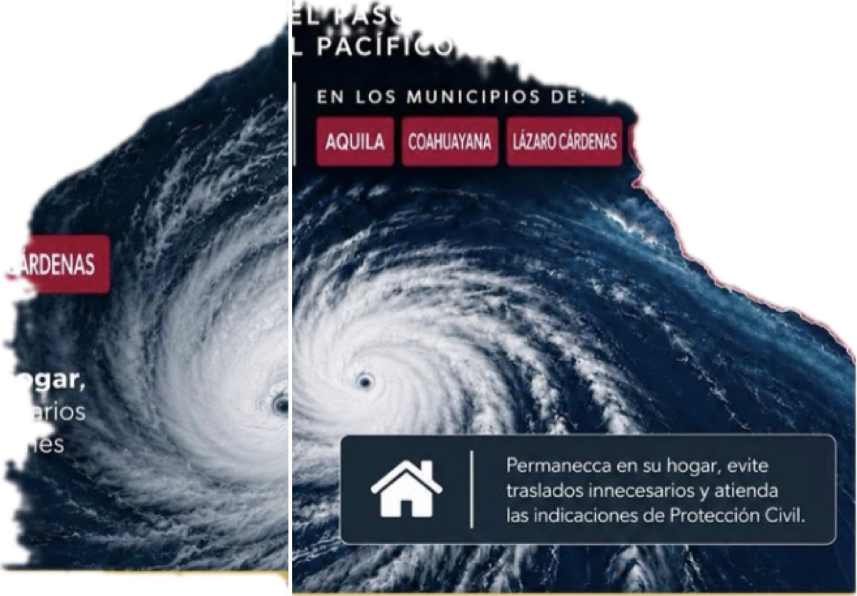 Imagen dividida que muestra un huracán en el océano con advertencias para los municipios de Aquila, Coahuayana y Lázaro Cárdenas.