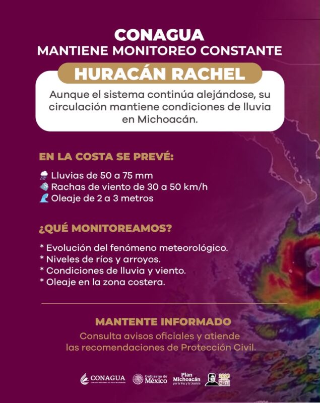 Aviso de CONAGUA sobre el huracán Rachel con pronóstico de lluvias, vientos y oleaje en la costa de Michoacán.