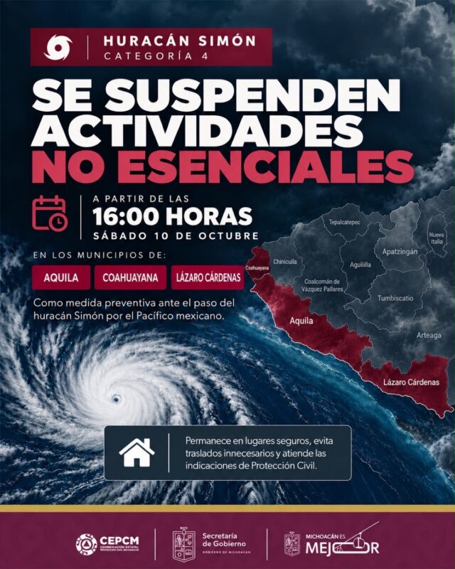 Aviso gráfico que informa la suspensión de actividades no esenciales por el huracán Simón categoría 4 en municipios costeros de Michoacán.