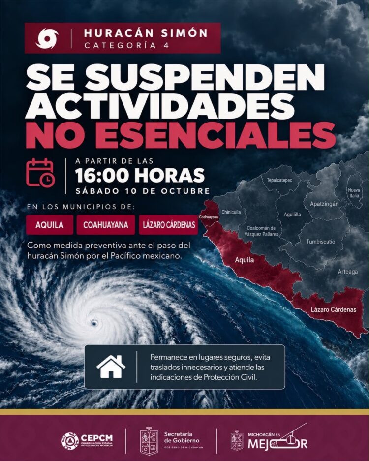Aviso gráfico que informa la suspensión de actividades no esenciales por el huracán Simón categoría 4 en municipios costeros de Michoacán.