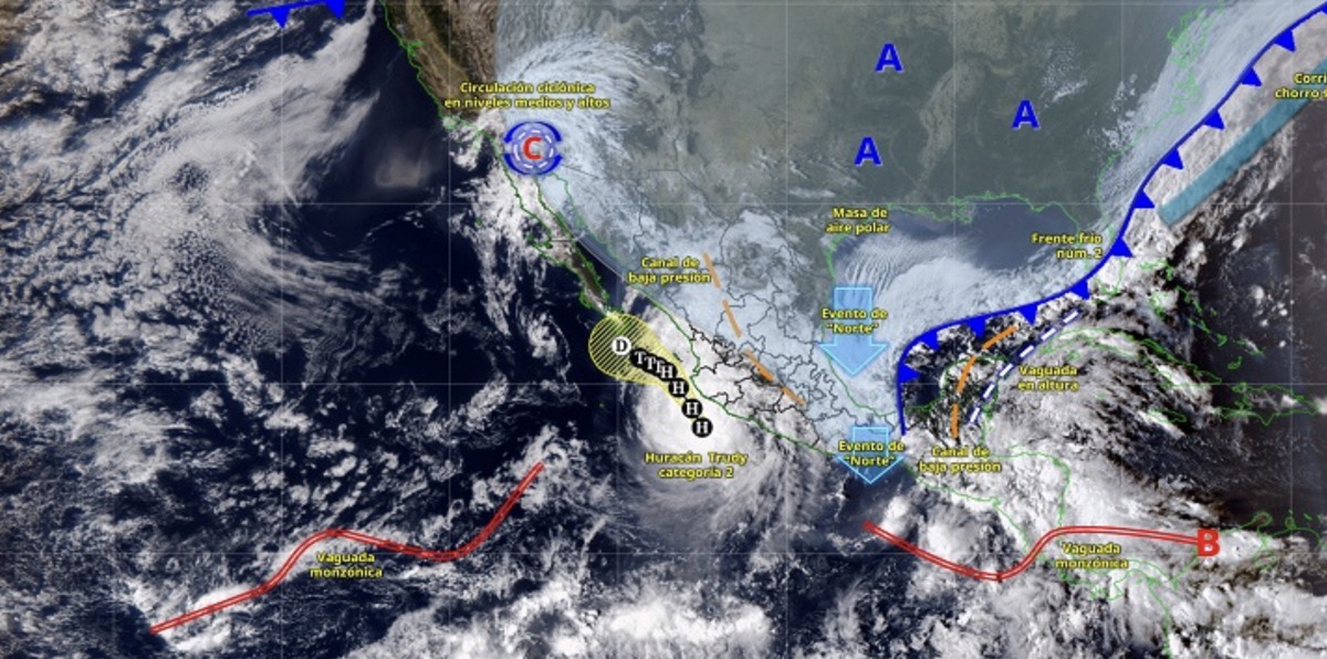 Huracán Trudy categoría 2 frente a la costa del Pacífico mexicano con frentes fríos y nubosidad.