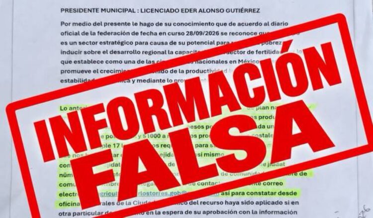 Documento oficial con un sello rojo grande que dice “INFORMACIÓN FALSA” sobre el texto.