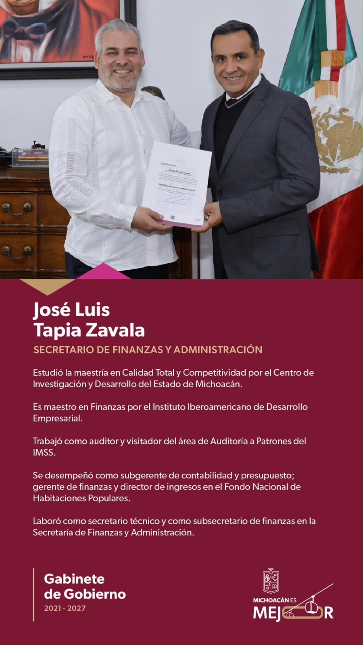 Alfredo Ramírez Bedolla entrega nombramiento a José Luis Tapia Zavala como secretario de Finanzas de Michoacán