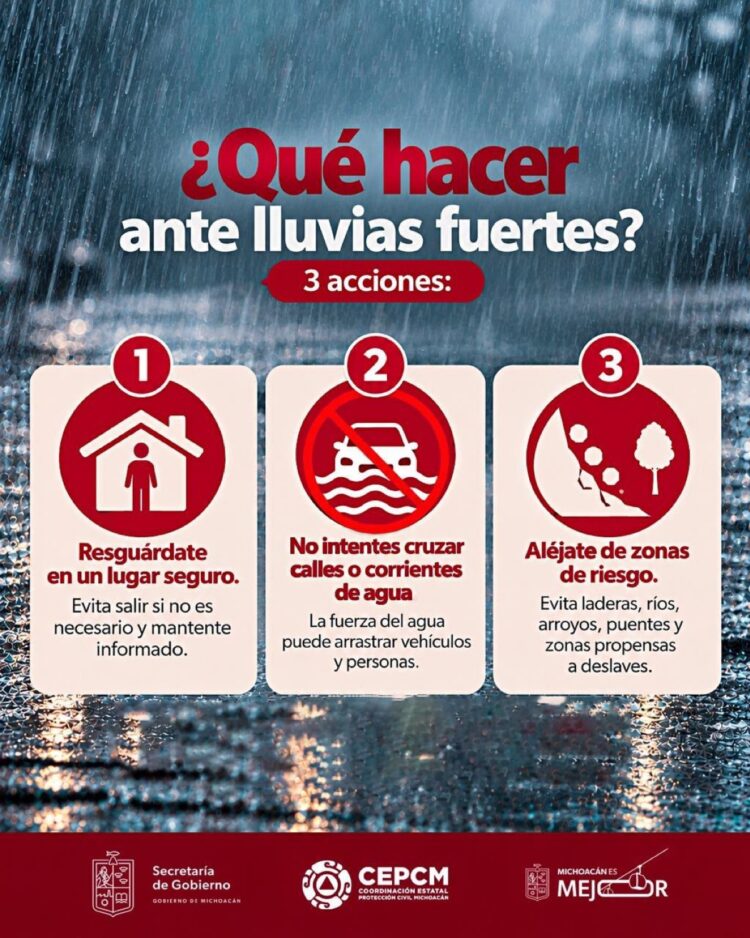Infografía con recomendaciones de seguridad ante lluvias fuertes, incluyendo resguardarse, no cruzar corrientes de agua y alejarse de zonas de riesgo.