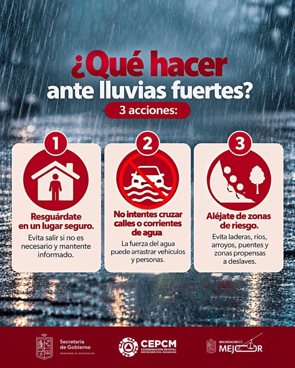 Infografía con recomendaciones de seguridad ante lluvias fuertes, incluyendo resguardarse, no cruzar corrientes de agua y alejarse de zonas de riesgo.