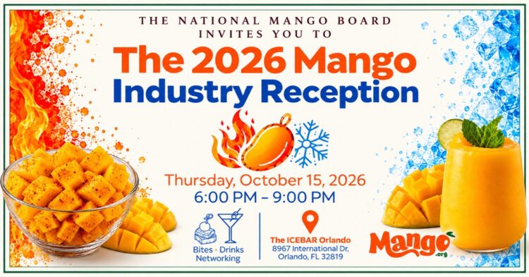 Invitación colorida a una recepción de la industria del mango con imágenes de mangos frescos, fuego y hielo.