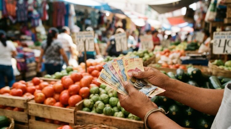 Una persona sostiene billetes y monedas en un mercado de frutas y verduras al aire libre.
