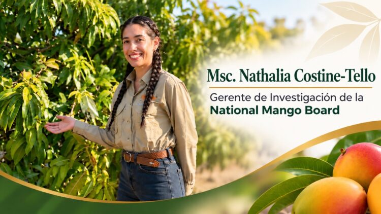Una mujer sonriente con trenzas está de pie junto a un árbol frondoso, con mangos en primer plano y texto informativo a la derecha.