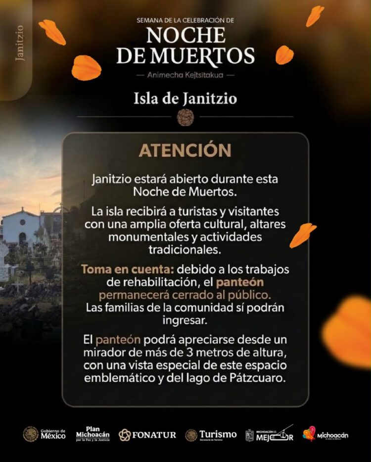 Cartel informativo sobre la apertura de la Isla de Janitzio durante la Noche de Muertos, indicando que el panteón estará cerrado al público por rehabilitación.