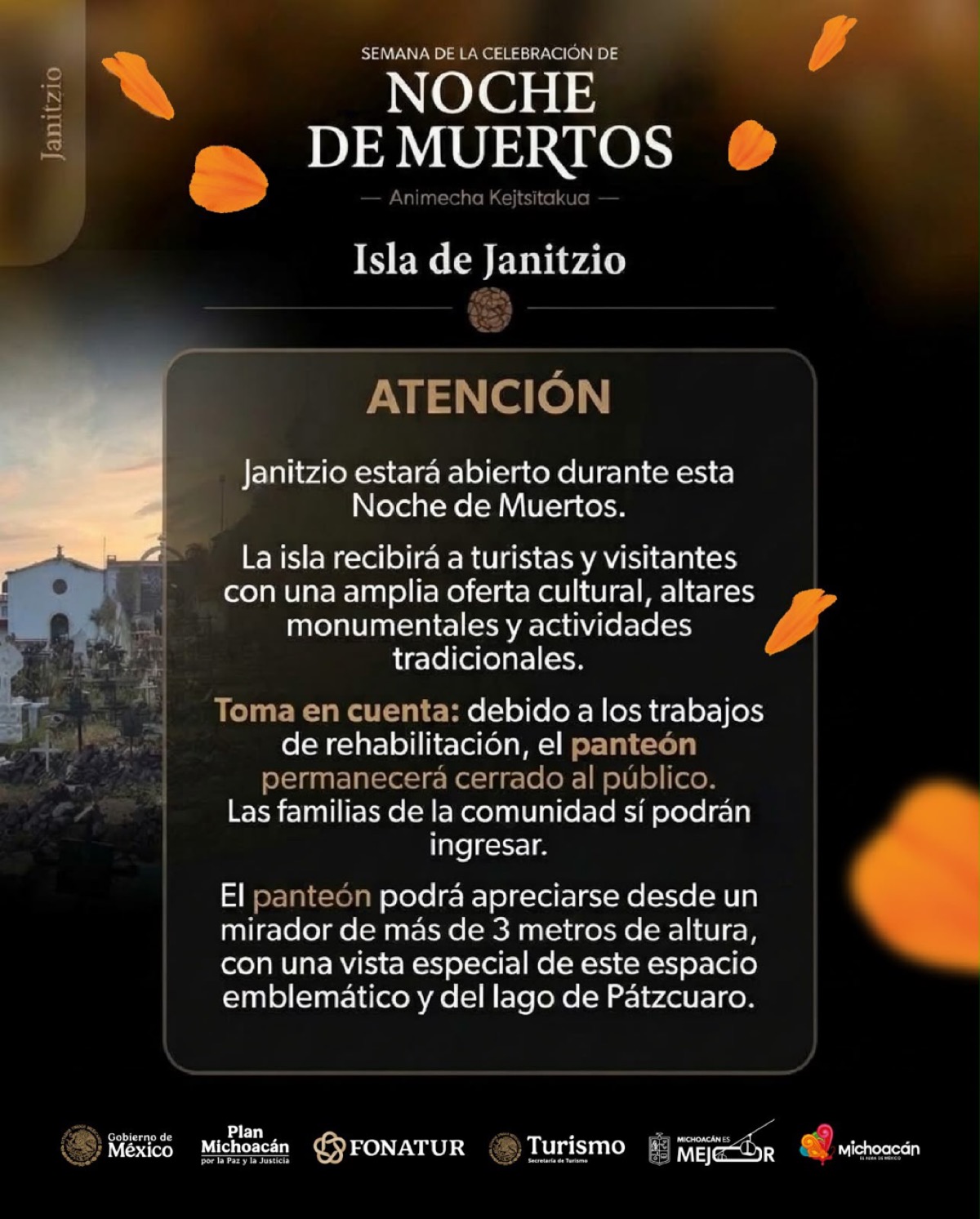 Cartel de la Noche de Muertos en Janitzio con aviso de panteón cerrado por rehabilitación