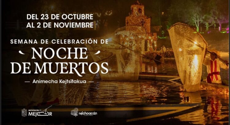 Pescadores en canoas iluminadas navegan de noche frente a un altar decorado en un lago.