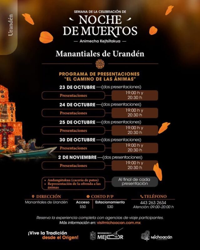 Cartel del programa Noche de Muertos en Manantiales de Urandén con fechas y horarios de presentaciones.