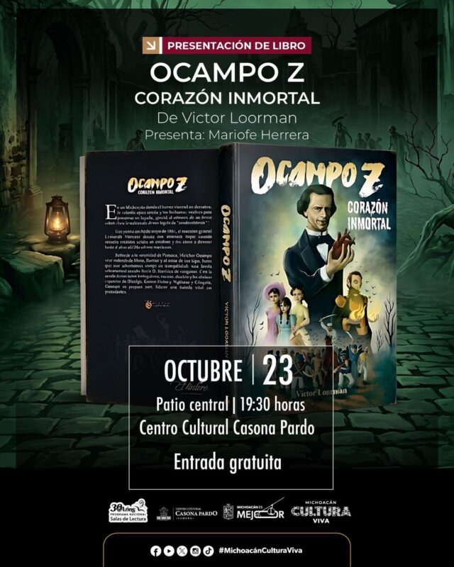 Cartel que anuncia la presentación del libro "Ocampo Z: Corazón Inmortal" con la portada del libro y los detalles del evento.