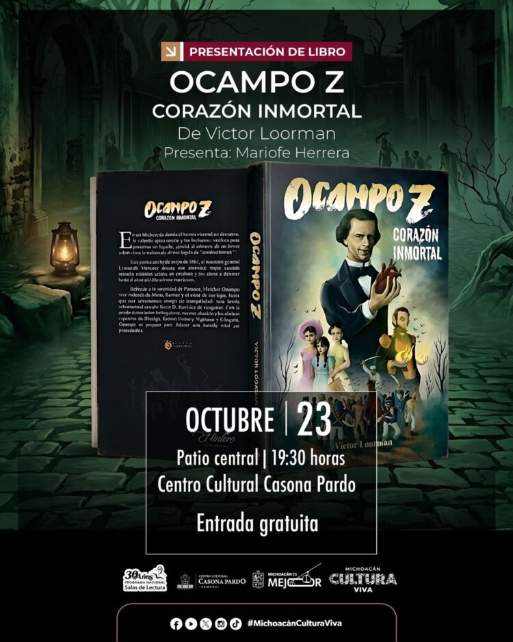 Cartel que anuncia la presentación del libro "Ocampo Z: Corazón Inmortal" con la portada del libro y los detalles del evento.