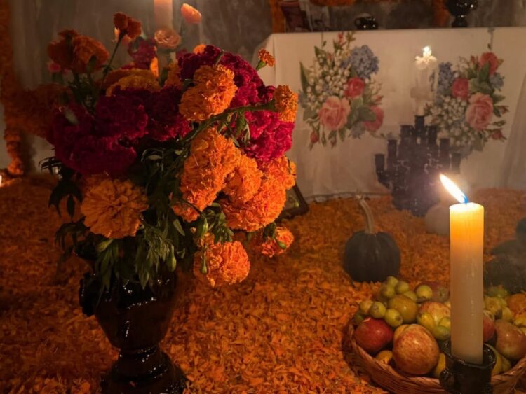 Altar de Ánimas con cempasúchil, velas y ofrendas en el Museo de Arte Colonial de Morelia