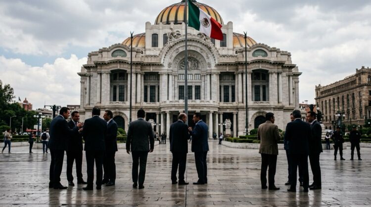 Un grupo de personas conversa frente a un edificio histórico con una bandera de México al centro.